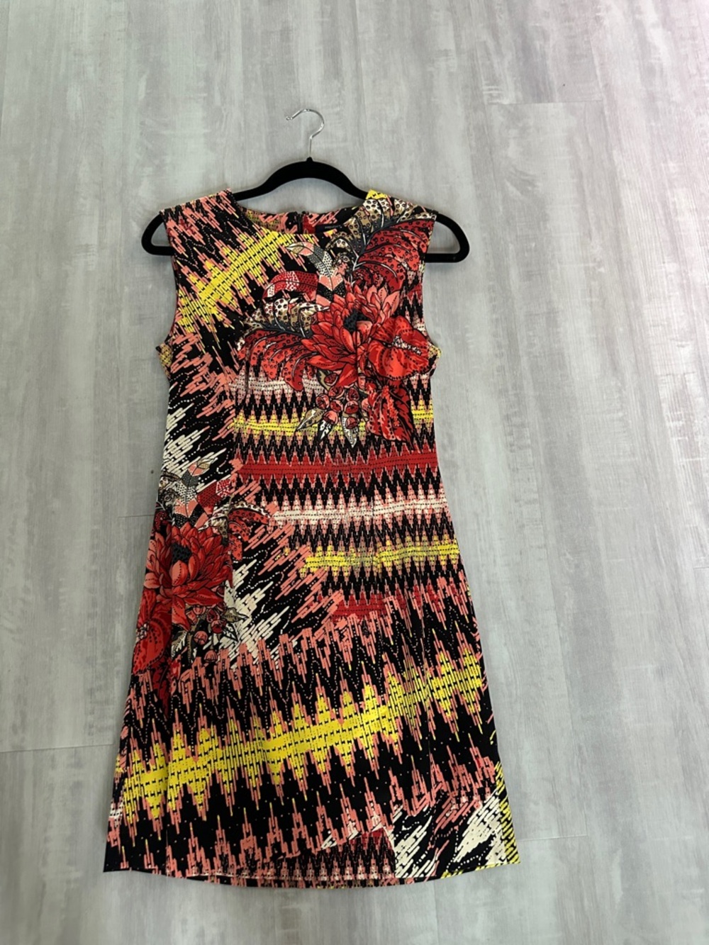 French Connection Red Floral Chevron Midi Dress with Yellow Accents